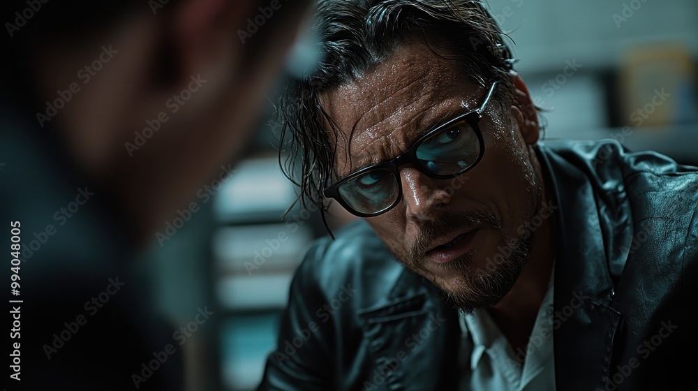 A man with a leather jacket is engaged in a conversation in a dimly lit environment, focusing on his serious expression and gesturing hands. A man with a leather jacket is engaged in a conversation in a dimly lit environment, focusing on his serious expression and gesturing hands.