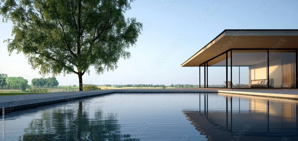 Modern architecture house with a pool and tree in a serene landscape, clear sky, showcasing design and tranquility. Modern architecture house with a pool and tree in a serene landscape, clear sky, showcasing design and tranquility.