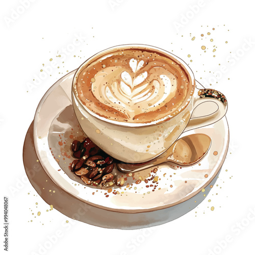 A cup of coffee with a heart on top of it. The coffee is brown and has a sprinkle of nuts on top. The cup is white and sits on a white plate. The spoon is next to the cup