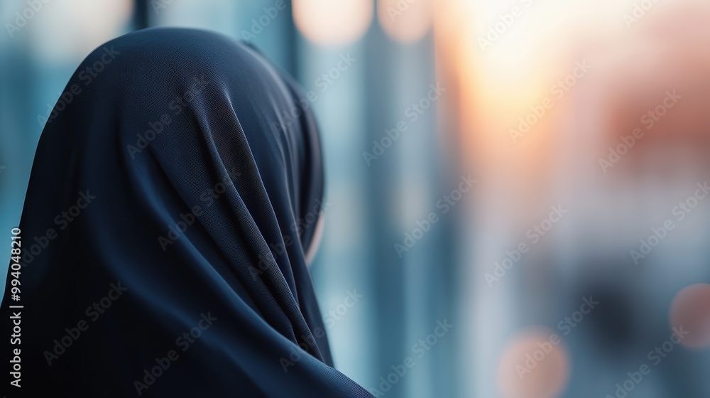 A woman, cloaked in a hijab, is captured gazing through a window at the serene sunset, invoking deep reflection and peace. The image encapsulates quiet contemplation and grace. A woman, cloaked in a hijab, is captured gazing through a window at the serene sunset, invoking deep reflection and peace. The image encapsulates quiet contemplation and grace.