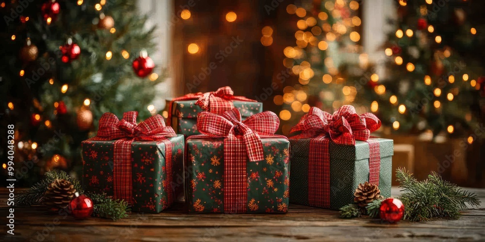 Colorfully wrapped gifts with ribbons are displayed on a rustic table near holiday decorations Colorfully wrapped gifts with ribbons are displayed on a rustic table near holiday decorations