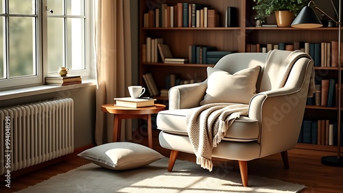 Wallpaper Mural A cozy reading nook featuring a comfortable armchair, soft lighting, and a warm atmosphere. Perfect for relaxing with a book in a quiet, inviting corner of the home. Torontodigital.ca