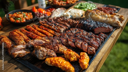 A delicious assortment of grilled meats and sides on a wooden table at an outdoor barbecue.