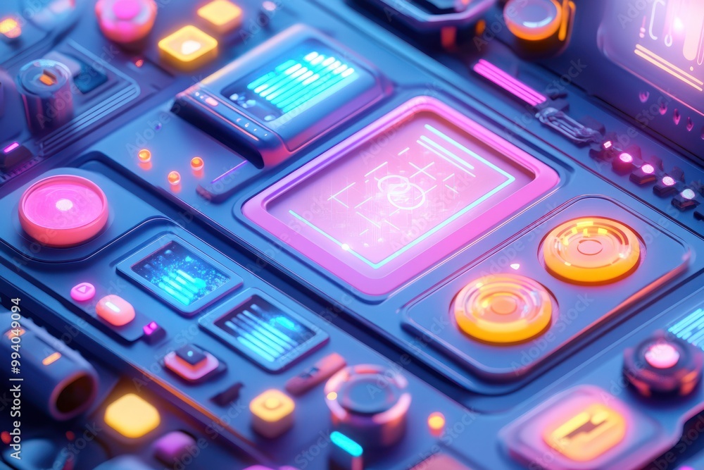 custom made wallpaper toronto digitalA futuristic control panel with vibrant screens and buttons, suggesting advanced technology.