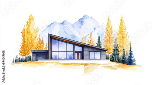 Modern house illustration with a backdrop of trees and mountains, showcasing contemporary design in vibrant colors. photo