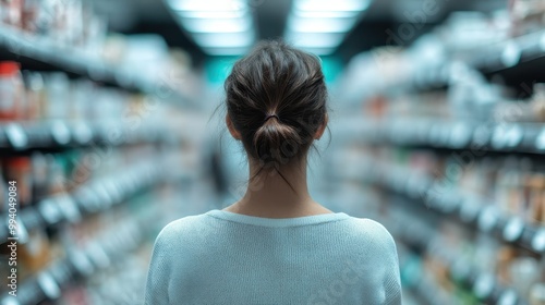 A woman with a neat bun stands between multiple aisles filled with products in a brightly lit supermarket, representing everyday life, choices, and the abundance of modern consumer goods.