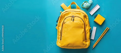 Backpack with School Supplies on Blue Background