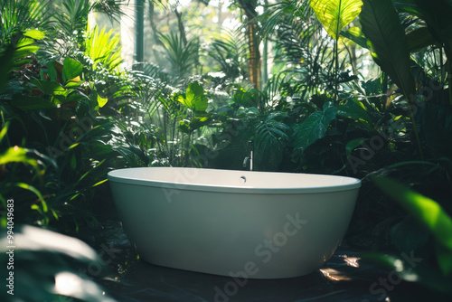 Luxurious way to relax surrounded by nature, a bathtub standing outdoors in a tropical garden photo