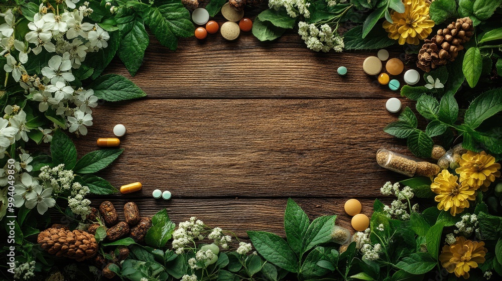Organic Medicinal Plants and Capsules Arranged Neatly for Health and Wellness Use Organic Medicinal Plants and Capsules Arranged Neatly for Health and Wellness Use