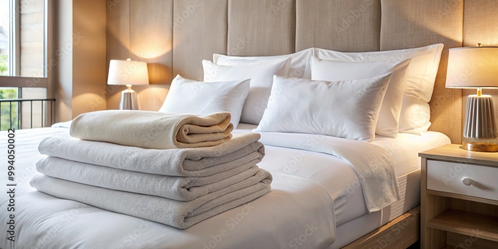 Crisp, freshly laundered white hotel linens, including a plush duvet, pillowcases, and towels, are neatly arranged on a luxurious bed, evoking comfort and relaxation. Crisp, freshly laundered white hotel linens, including a plush duvet, pillowcases, and towels, are neatly arranged on a luxurious bed, evoking comfort and relaxation.