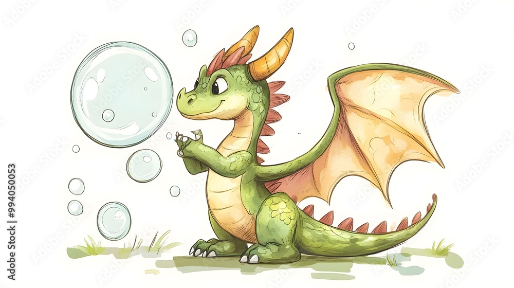 Obraz premium Playful hand-drawn dragon character blowing bubbles, full of fun and imagination. Hand-Drawn Illustrations