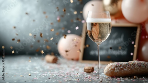 An elegant champagne glass filled with sparkling wine, surrounded by festive confetti and a chalkboard in the background, symbolizing celebration and joyous moments. photo