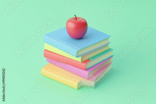 Wallpaper Mural A stack of colorful books topped with a red apple against a mint green background. Torontodigital.ca
