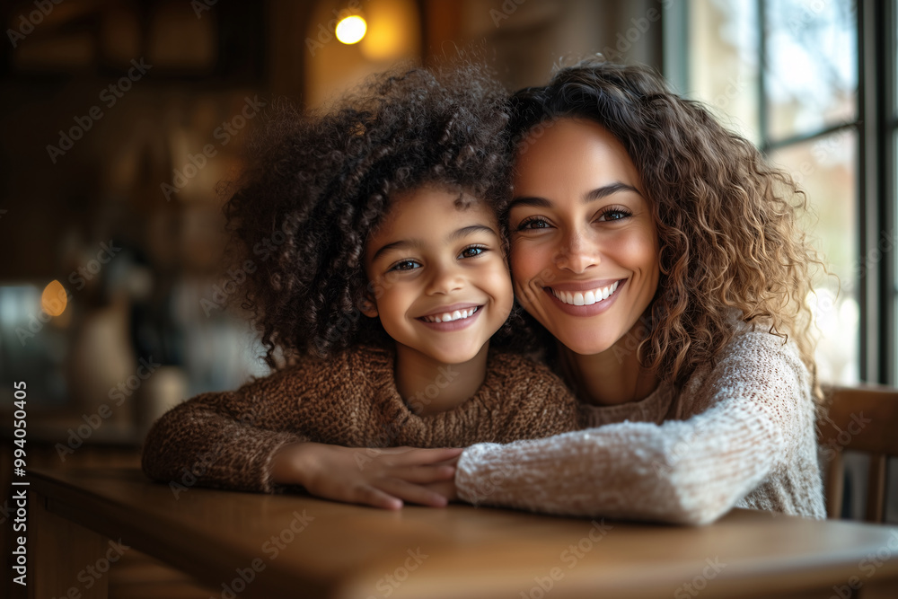 Happy mother and daughter smiling while sitting together at a wooden table Happy mother and daughter smiling while sitting together at a wooden table