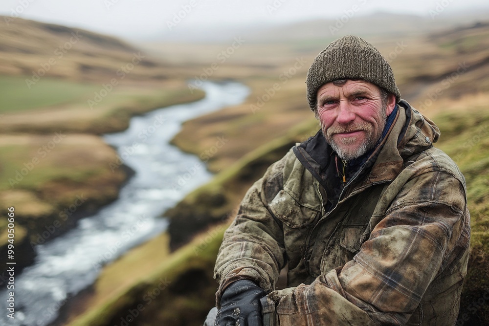 Rugged Outdoorsman in Winter Apparel Near Scenic River Landscape Rugged Outdoorsman in Winter Apparel Near Scenic River Landscape