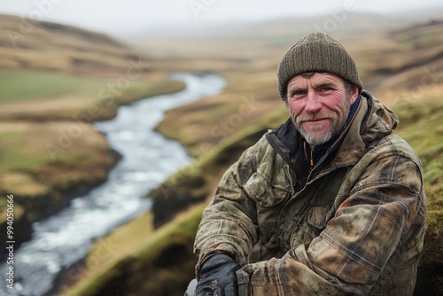 Rugged Outdoorsman in Winter Apparel Near Scenic River Landscape