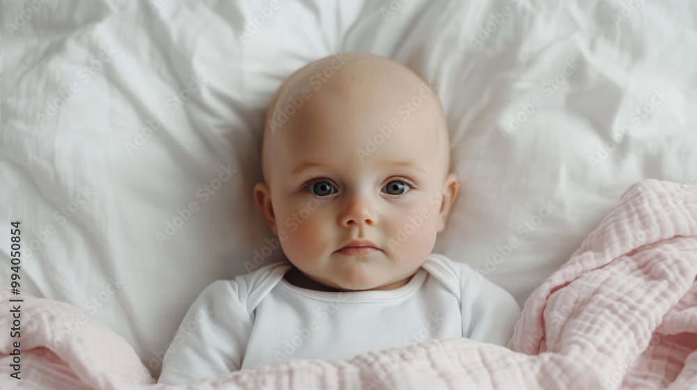 An innocent baby with big eyes is comfortably laying in a white crib, swaddled in a soft pink blanket while gently held by the white pillow, creating a tender restful scene. An innocent baby with big eyes is comfortably laying in a white crib, swaddled in a soft pink blanket while gently held by the white pillow, creating a tender restful scene.