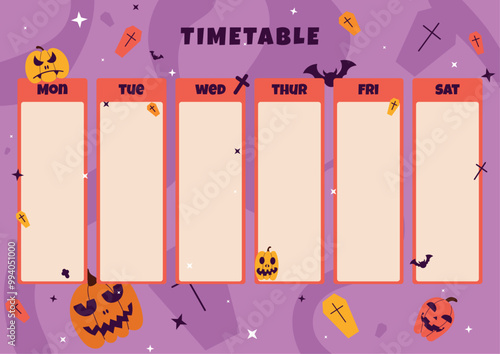School halloween timetable for week planner, stationary planner template, weekly schedule on purple background with orange, red pumpkins, graves, bats, stars, vector illustration