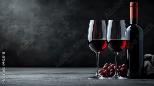 A minimalist display featuring two glasses of red wine alongside a wine bottle and some grapes, highlighting the simplicity and sophistication of enjoying fine wine. photo