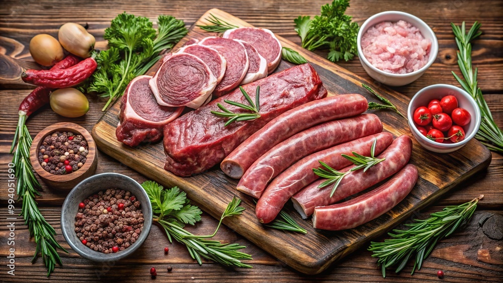 Freshly cut primal beef cuts, pork sausages, and marinated lamb chops artfully arranged on a rustic wooden table amidst scattered parsley and rosemary sprigs. Freshly cut primal beef cuts, pork sausages, and marinated lamb chops artfully arranged on a rustic wooden table amidst scattered parsley and rosemary sprigs.
