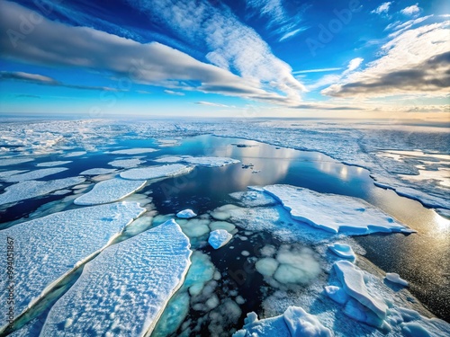 Frosty morning mist wraps the frozen tundra, a breathtaking expanse of white stretching towards the horizon, unbroken by a single tree or rock. photo