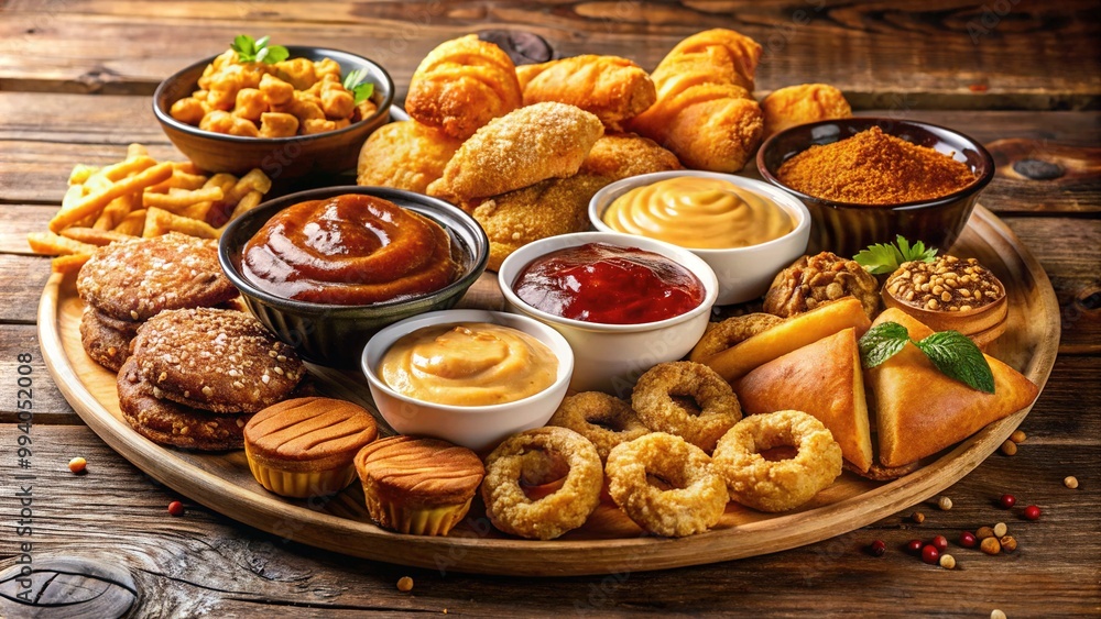 Golden-brown fried foods, rich sauces, and velvety pastries temptingly arranged on a plate, symbolizing unhealthy indulgences contributing to high cholesterol levels. Golden-brown fried foods, rich sauces, and velvety pastries temptingly arranged on a plate, symbolizing unhealthy indulgences contributing to high cholesterol levels.