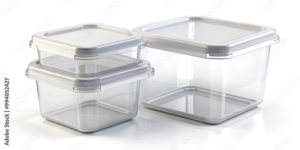 Isolated white background showcases a blank, transparent, and modular square plastic container mockup with lids, perfect for product packaging and branding design concepts. Isolated white background showcases a blank, transparent, and modular square plastic container mockup with lids, perfect for product packaging and branding design concepts.
