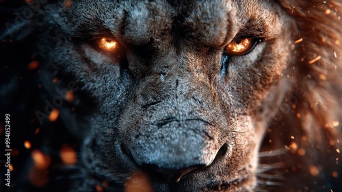 A striking portrait of a lion glaring directly with bright, glowing orange eyes, surrounded by fiery sparks, portraying its fierce and authoritative presence. photo