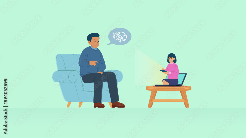 Fototapeta premium Vector Illustration of Online Psychologist Consultation. Scene of Person Talking to Psychotherapist Via Laptop. Private Psychology Scene.