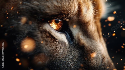 A captivating side profile of a lion with a glowing fiery eye, surrounded by warm, floating light particles, exuding strength, mystery, and majestic presence. photo