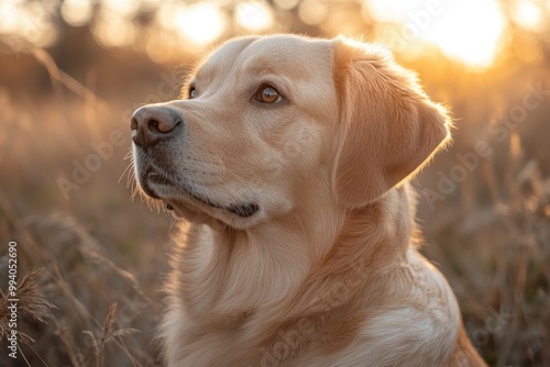 A golden retriever gazes thoughtfully as the sun sets, showcasing its calm demeanor photo