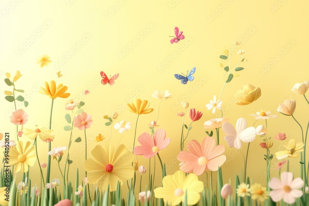 A vibrant illustration of colorful flowers and butterflies on a yellow background. A vibrant illustration of colorful flowers and butterflies on a yellow background.