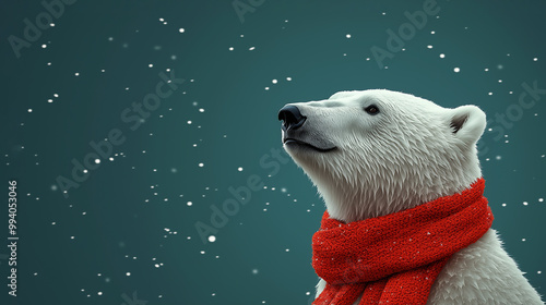 close-up of the face of a polar bear with a red scarf photo