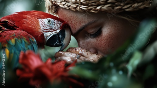 A vibrant parrot with striking red and blue feathers sits next to a red flower, with a blurred person in the background adding depth to the composition.