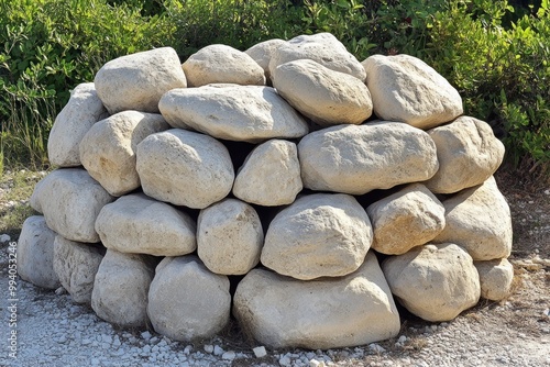 Large rocks are stacked neatly along a natural path in bright sunlight photo