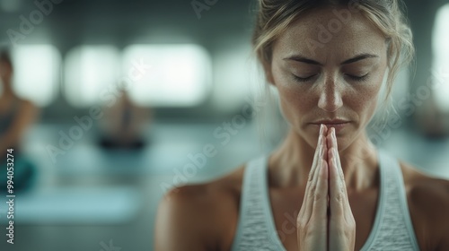 A woman stands immersed in thought and serenity, practicing meditation in a tranquil yoga studio, embodying focus and inner peace for health and enlightenment. photo