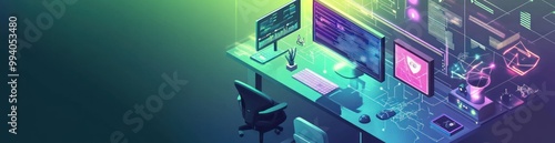 A digital workspace featuring monitors, coding elements, and tech-inspired design.