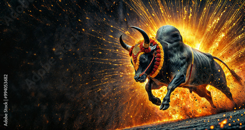 Jallikattu, Tamil Nadu, Bull-taming, Indian tradition, pongal Festival, mattu pongal, Ai generated image 