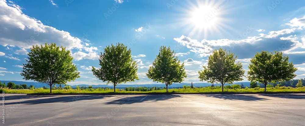 Row of trees along an empty parking lot under a bright sunny sky with ...