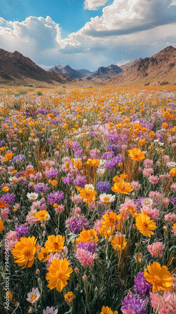 Fototapeta premium A vibrant field of colorful wildflowers stretches across an expansive desert landscape, framed by majestic mountains under bright blue sky. scene evokes sense of tranquility and natural beauty