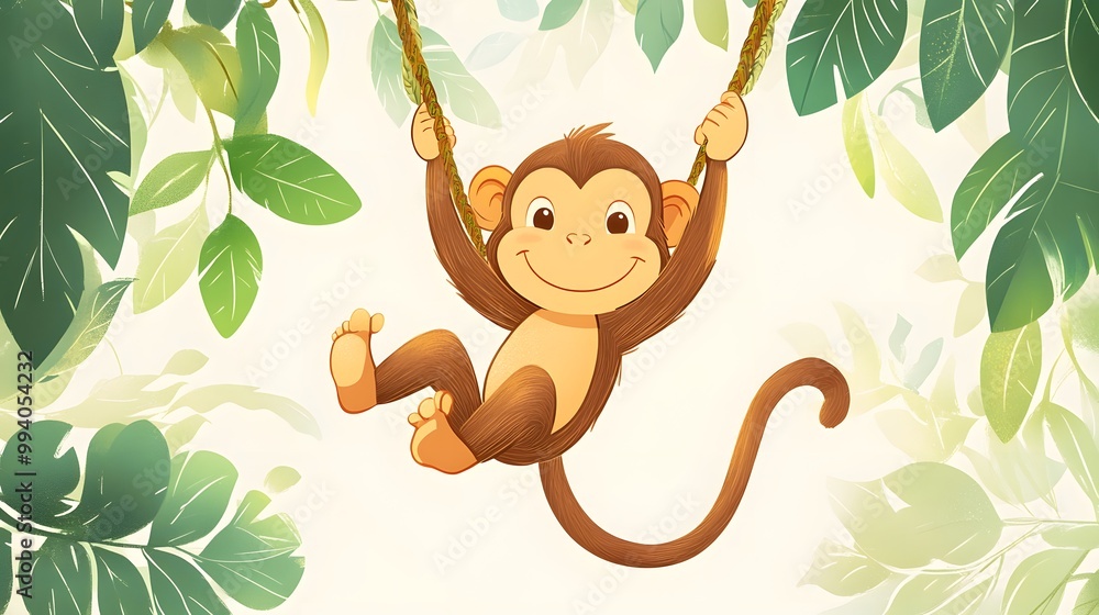 Hand-drawn character of a playful monkey swinging from a vine, full of energy and fun. Hand-Drawn Illustrations Hand-drawn character of a playful monkey swinging from a vine, full of energy and fun. Hand-Drawn Illustrations