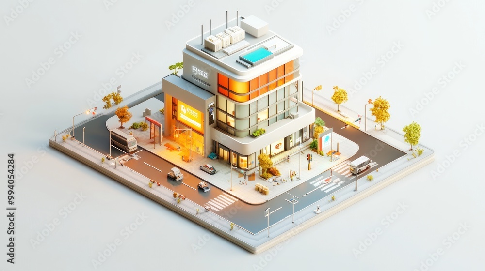 Obraz premium A modern building with a pool, shops, and trees, showcasing urban architecture.