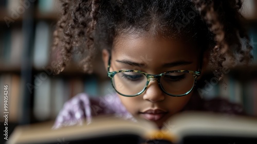 A young girl with curly hair and large glasses is deeply engrossed in reading a book, surrounded by shelves filled with books at the cozy library setting. photo