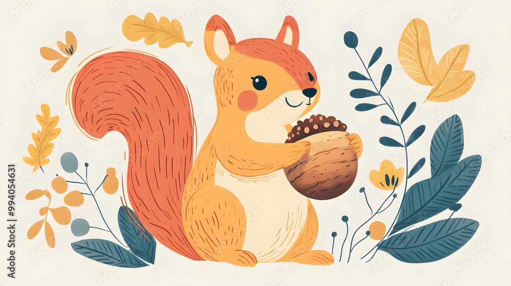 Playful hand-drawn character of a squirrel eating a giant acorn, full of charm and whimsy. Hand-Drawn Illustrations Playful hand-drawn character of a squirrel eating a giant acorn, full of charm and whimsy. Hand-Drawn Illustrations