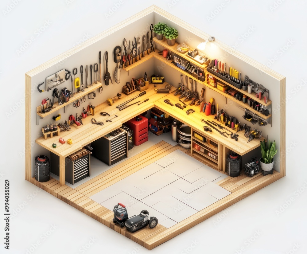 A well-organized workshop filled with various tools and equipment for DIY projects. A well-organized workshop filled with various tools and equipment for DIY projects.