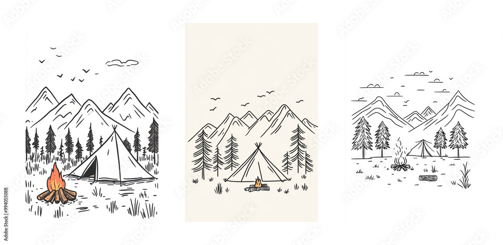 Obraz premium Minimalist mountain camping illustrations with tents and campfires in handdrawn style