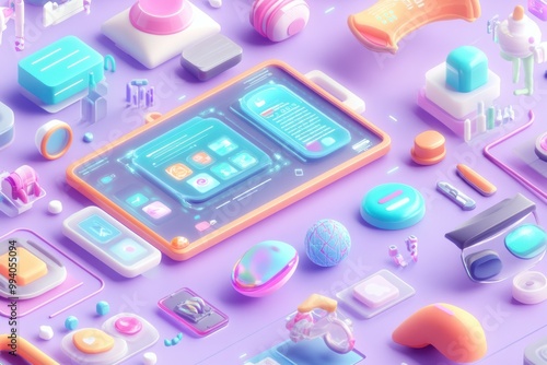 A vibrant collection of digital interface elements and icons on a colorful background.