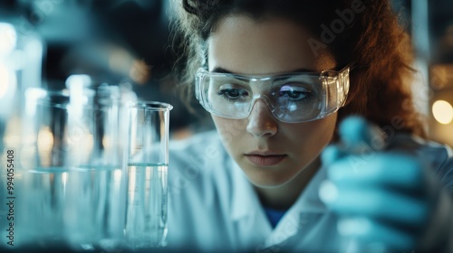 A dedicated scientist examines test tubes in a lab environment, showcasing precision and a meticulously arranged workspace, hinting at groundbreaking research. photo