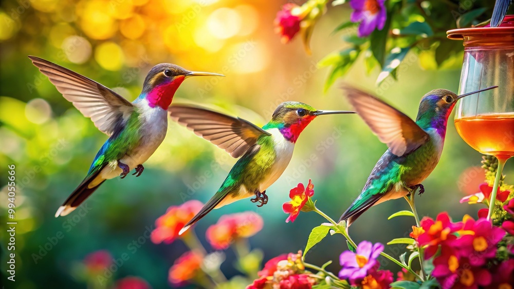 Vibrant hummingbirds flit between brightly colored feeders, sipping sweet nectar, their iridescent feathers gleaming in the warm sunlight, amidst lush green foliage and delicate flowers. Vibrant hummingbirds flit between brightly colored feeders, sipping sweet nectar, their iridescent feathers gleaming in the warm sunlight, amidst lush green foliage and delicate flowers.