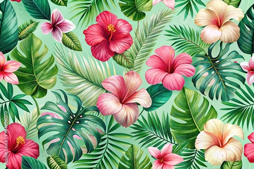 Vibrant tropical floral pattern with palm fronds, hibiscus flowers, and monstera leaves on a soft pastel green background, perfect for summer and travel designs.